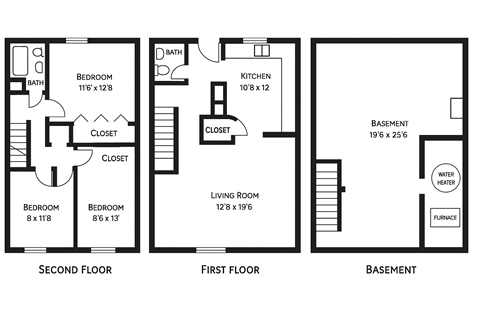 Floor plan for 3 beds, 1.5 baths, 1024 sqft
